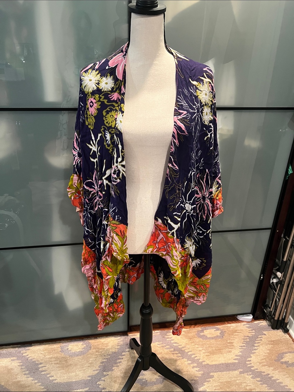 SAACHI Navy Floral Draped Kimono Cape with Pink & Green Accents